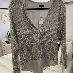 Express Shimmering Silver Sequin Blouse